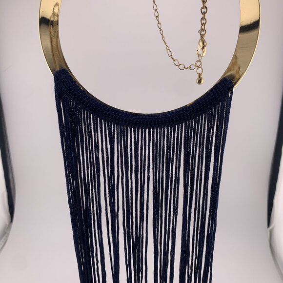 Gold Tone Collar Necklace with Blue Fringe - Picture 6 of 8